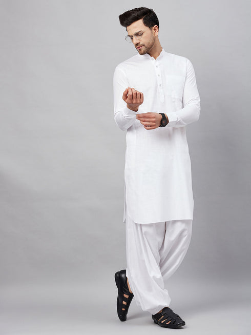 Men's White Cotton Blend Pathani Suit Set